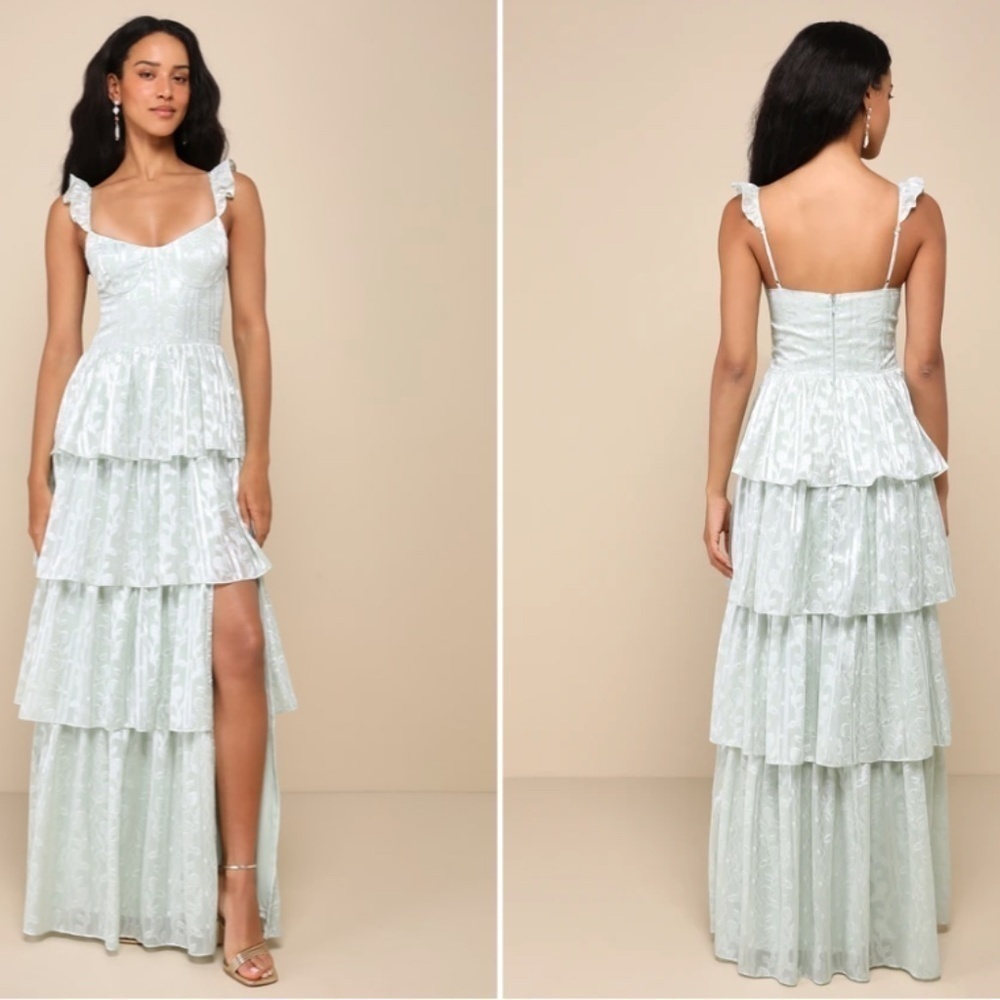 LULU's Flirty Floral Roses Prom Wedding Formal Event Sexy Tiered Ruffles Maxi - Picture 5 of 5